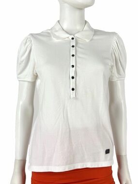 Burberry White Button-Front Polo Top with Puff Sleeves